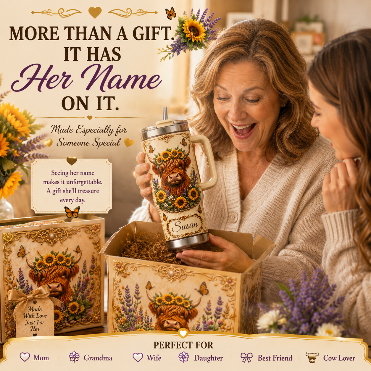 Personalized Highland Cow Sunflower Tumbler