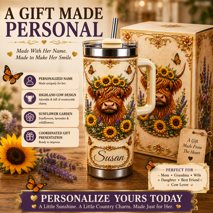 Personalized Highland Cow Sunflower Tumbler