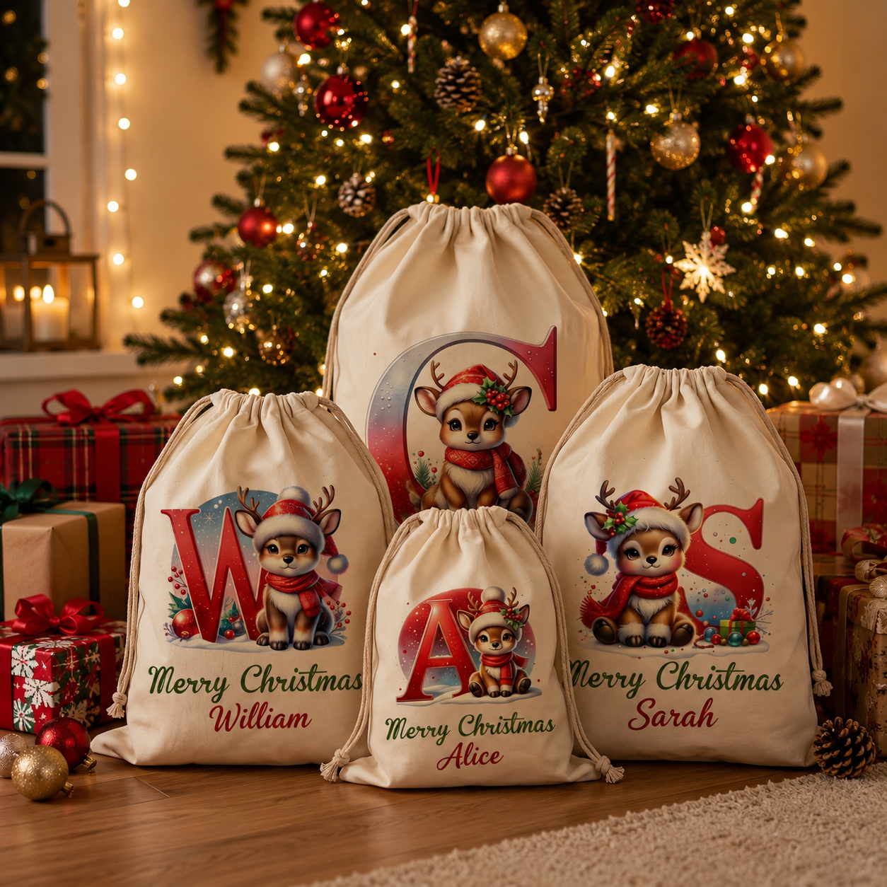 🎁🦌Personalized Christmas Reindeer Santa Sack