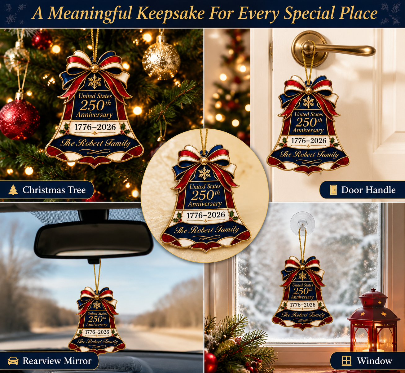 🇺🇸 United States 250th Anniversary Personalized Christmas Bell Ornament