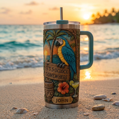 🌴 Personalized "It's 5 O'Clock Somewhere" Parrot Tumbler – Your Island Escape, In Hand 🌊🦜