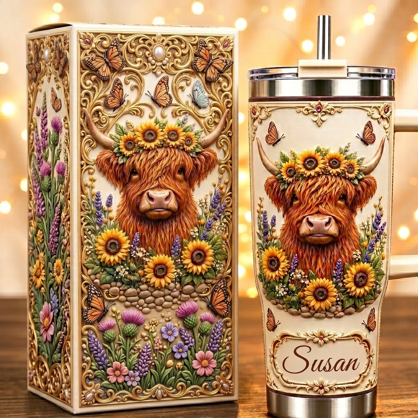 Personalized Highland Cow Sunflower Tumbler