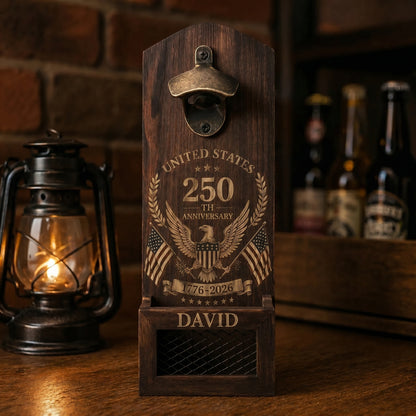 USA 250th Anniversary Personalized Wooden Bottle Opener with Cap Catcher
