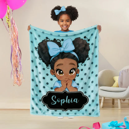 Personalized Polka Dots Cute Cartoon Blanket with Name, Flannel/Sherpa Soft Bed Couch Throw, Home Decor, Birthday Gift for Girls