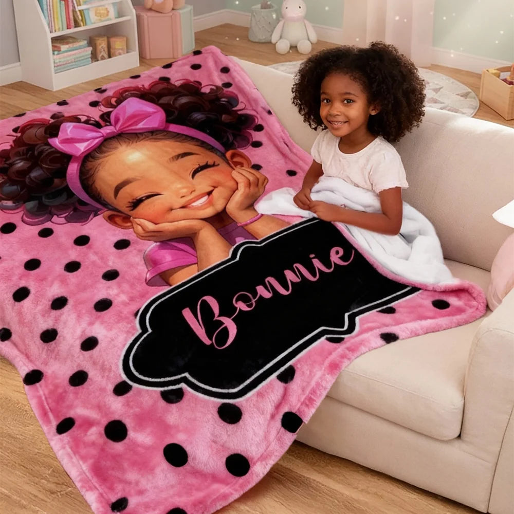 Personalized Polka Dots Cute Cartoon Blanket with Name, Flannel/Sherpa Soft Bed Couch Throw, Home Decor, Birthday Gift for Girls