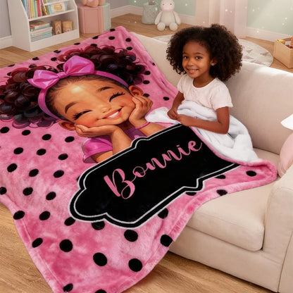 Personalized Polka Dots Cute Cartoon Blanket with Name, Flannel/Sherpa Soft Bed Couch Throw, Home Decor, Birthday Gift for Girls