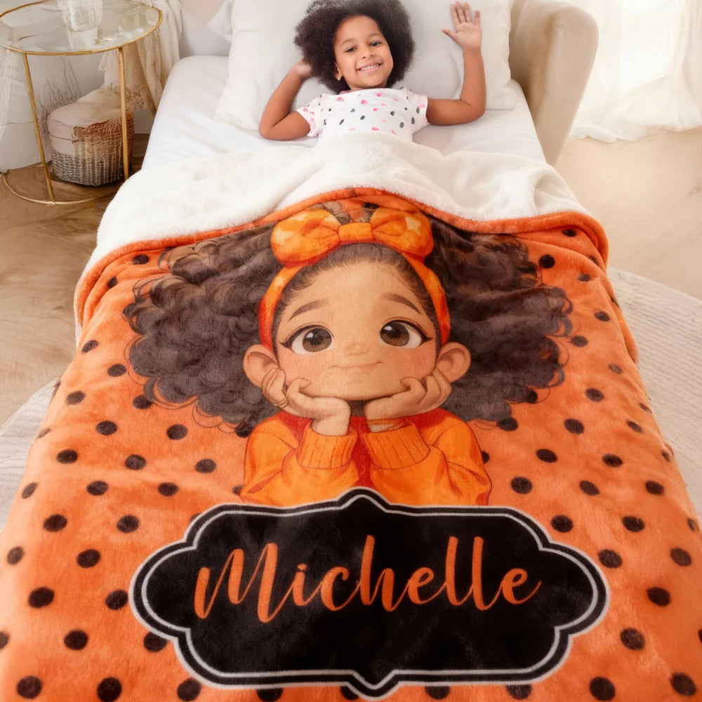 Personalized Polka Dots Cute Cartoon Blanket with Name, Flannel/Sherpa Soft Bed Couch Throw, Home Decor, Birthday Gift for Girls