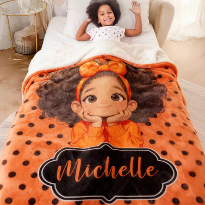 Personalized Polka Dots Cute Cartoon Blanket with Name, Flannel/Sherpa Soft Bed Couch Throw, Home Decor, Birthday Gift for Girls