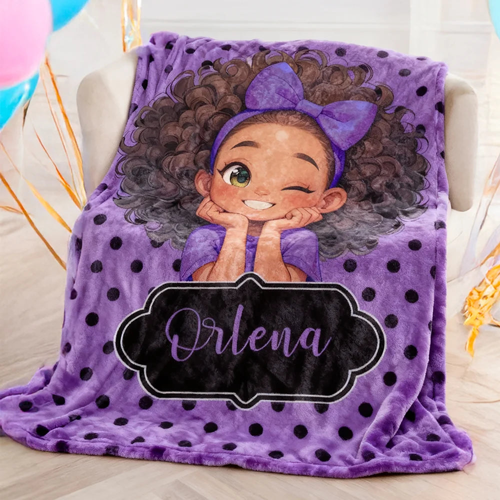 Personalized Polka Dots Cute Cartoon Blanket with Name, Flannel/Sherpa Soft Bed Couch Throw, Home Decor, Birthday Gift for Girls