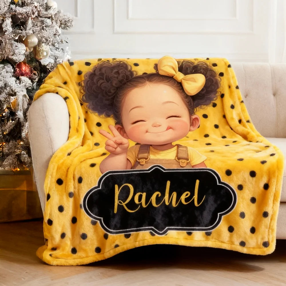 Personalized Polka Dots Cute Cartoon Blanket with Name, Flannel/Sherpa Soft Bed Couch Throw, Home Decor, Birthday Gift for Girls
