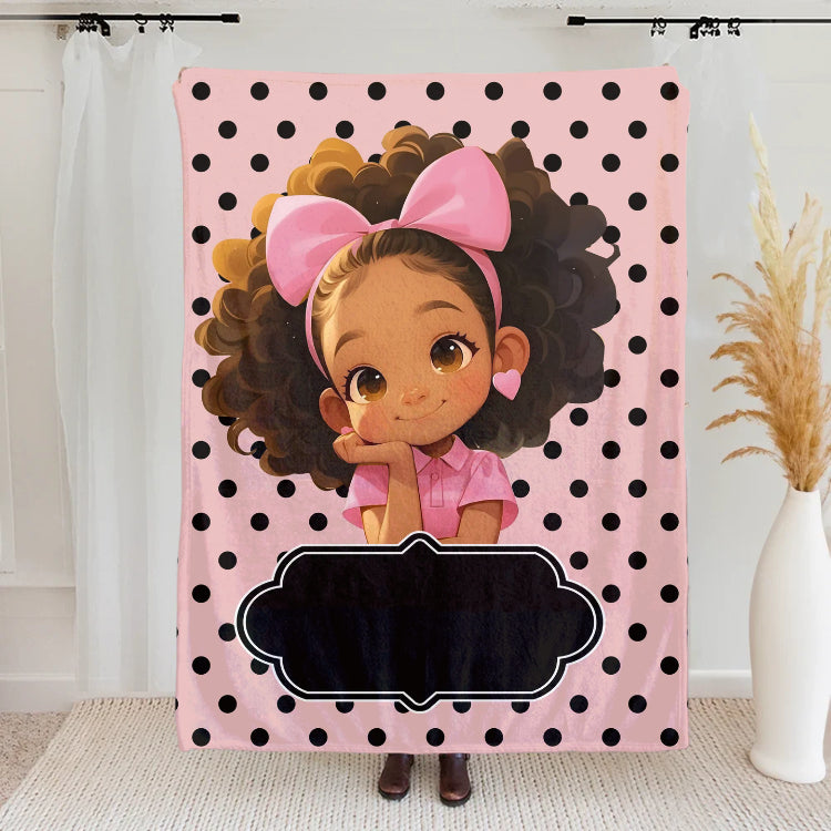 Personalized Polka Dots Cute Cartoon Blanket with Name, Flannel/Sherpa Soft Bed Couch Throw, Home Decor, Birthday Gift for Girls