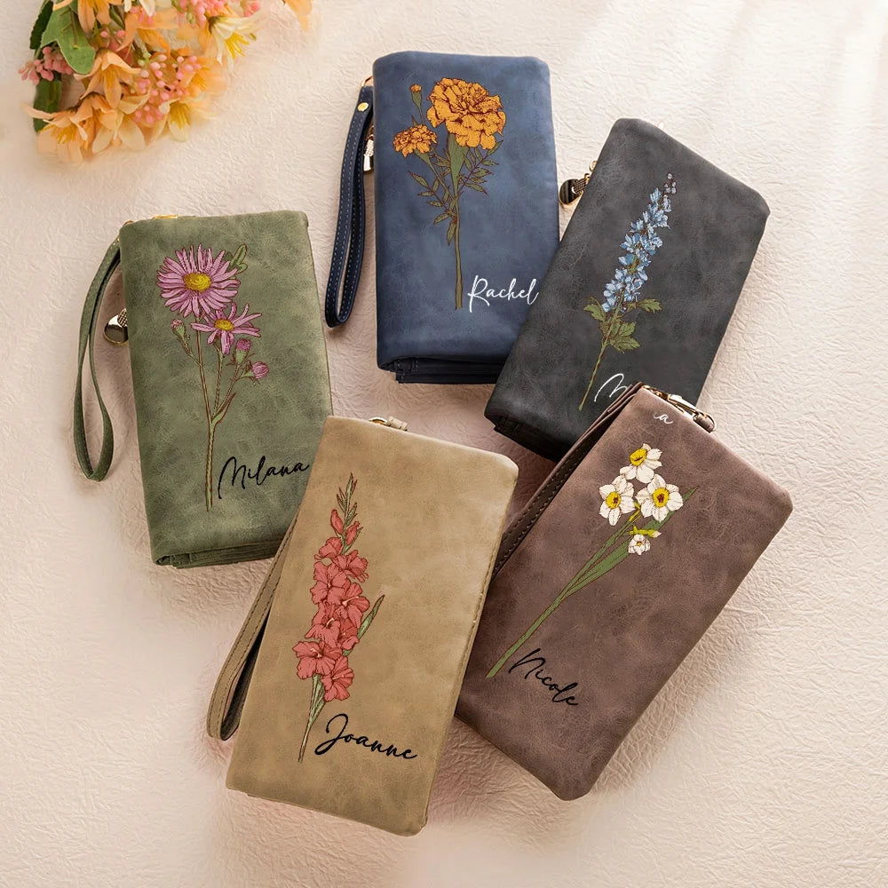 Custom Name Watercolor Birth Flower Tri-Fold Wristlet Wallet, Leather Card Holder with Wrist Strap, Birthday/Anniversary/Christmas Gift for Women