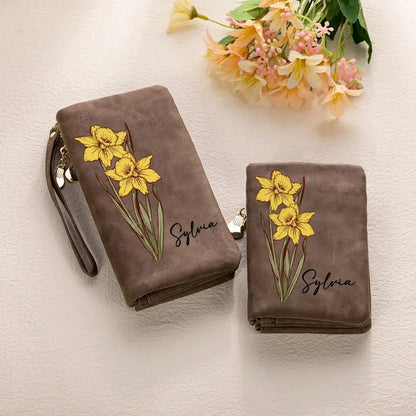 Custom Name Watercolor Birth Flower Tri-Fold Wristlet Wallet, Leather Card Holder with Wrist Strap, Birthday/Anniversary/Christmas Gift for Women