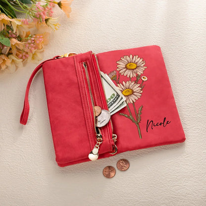 Custom Name Watercolor Birth Flower Tri-Fold Wristlet Wallet, Leather Card Holder with Wrist Strap, Birthday/Anniversary/Christmas Gift for Women