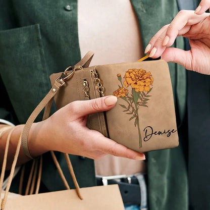 Custom Name Watercolor Birth Flower Tri-Fold Wristlet Wallet, Leather Card Holder with Wrist Strap, Birthday/Anniversary/Christmas Gift for Women
