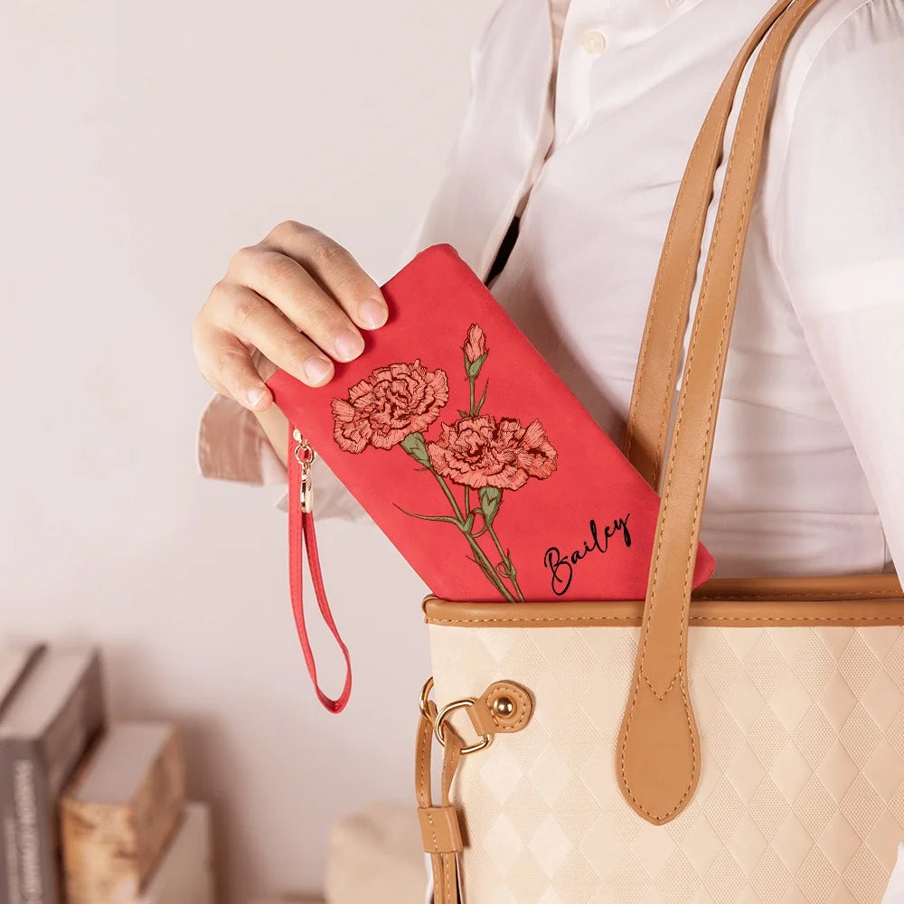 Custom Name Watercolor Birth Flower Tri-Fold Wristlet Wallet, Leather Card Holder with Wrist Strap, Birthday/Anniversary/Christmas Gift for Women