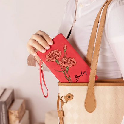 Custom Name Watercolor Birth Flower Tri-Fold Wristlet Wallet, Leather Card Holder with Wrist Strap, Birthday/Anniversary/Christmas Gift for Women