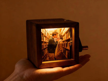 Personalized Text Photo Flipbook Animation Box, Wooden Photo Book with Light, Crank Photobox Picture Box, Anniversary/Valentine's Day Gift for Couple