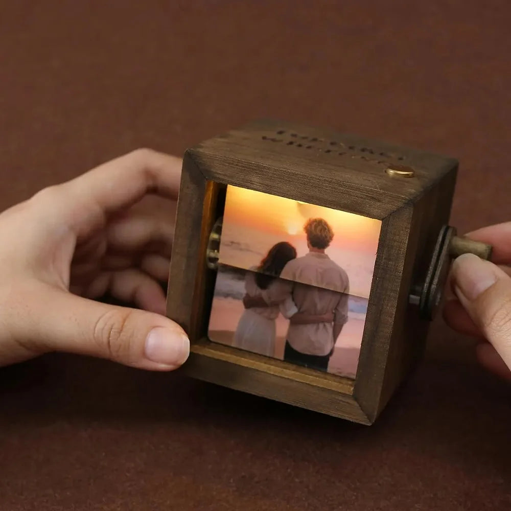 Personalized Text Photo Flipbook Animation Box, Wooden Photo Book with Light, Crank Photobox Picture Box, Anniversary/Valentine's Day Gift for Couple