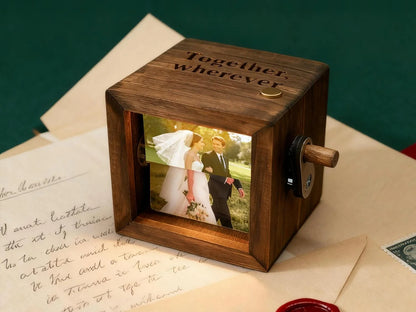 Personalized Text Photo Flipbook Animation Box, Wooden Photo Book with Light, Crank Photobox Picture Box, Anniversary/Valentine's Day Gift for Couple