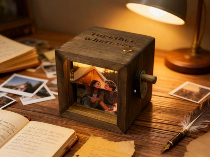 Personalized Text Photo Flipbook Animation Box, Wooden Photo Book with Light, Crank Photobox Picture Box, Anniversary/Valentine's Day Gift for Couple