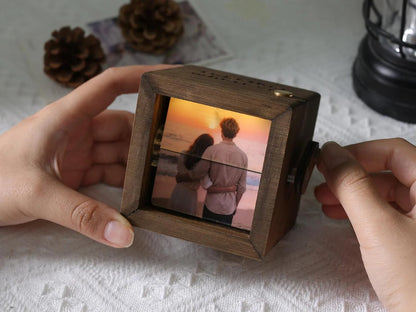 Personalized Text Photo Flipbook Animation Box, Wooden Photo Book with Light, Crank Photobox Picture Box, Anniversary/Valentine's Day Gift for Couple
