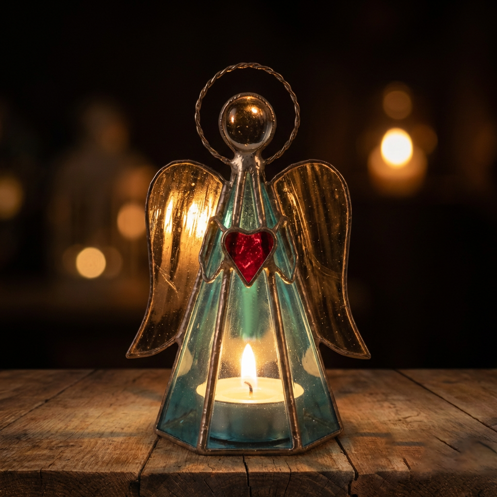 ✨ Guardian Angel Stained Glass Candle Holder – Sunlight by Day, Warm Glow by Night