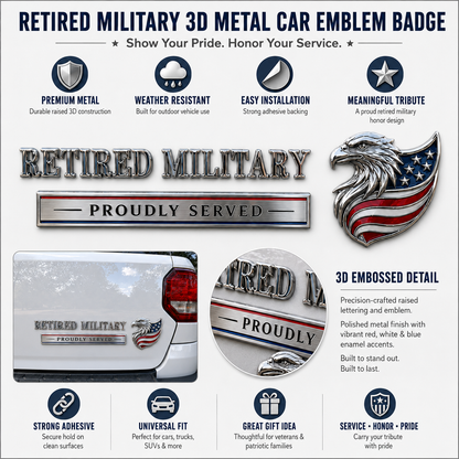 Retired Military Proudly Served Eagle Car Emblem Metal Badge