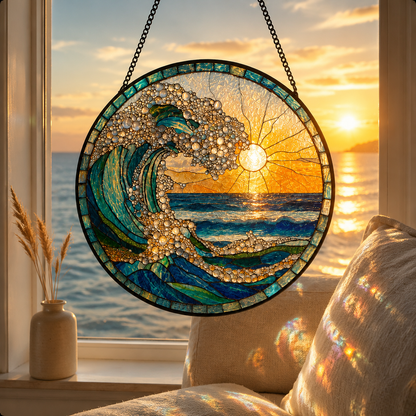 Ocean Wave Sunrise Round Glass Suncatcher
