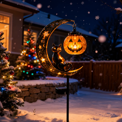 Solar Halloween Black Cat & Pumpkin Moon Garden Stake Light