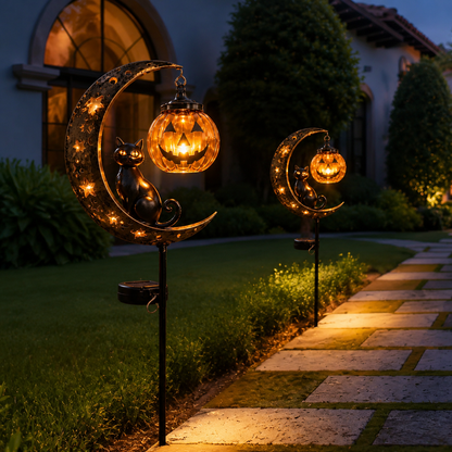 Solar Halloween Black Cat & Pumpkin Moon Garden Stake Light