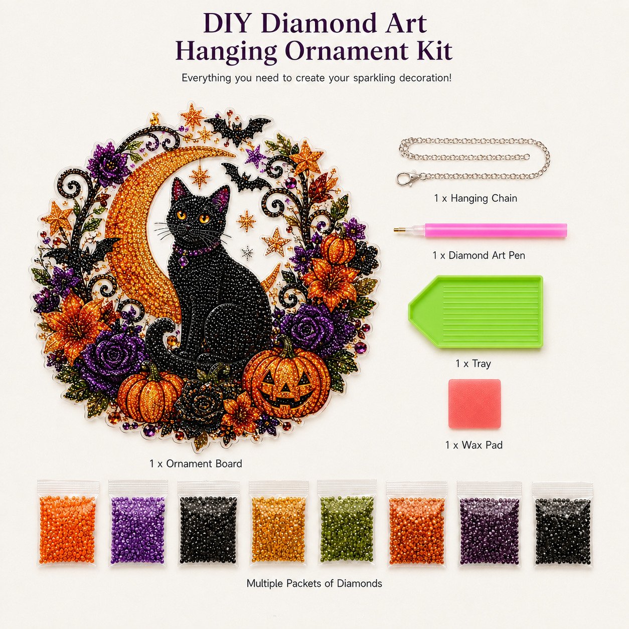 🐈🎃Halloween Black Cat Moon Diamond Art Hanging Ornament – DIY Sparkling Décor Kit