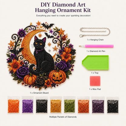 🐈🎃Halloween Black Cat Moon Diamond Art Hanging Ornament – DIY Sparkling Décor Kit