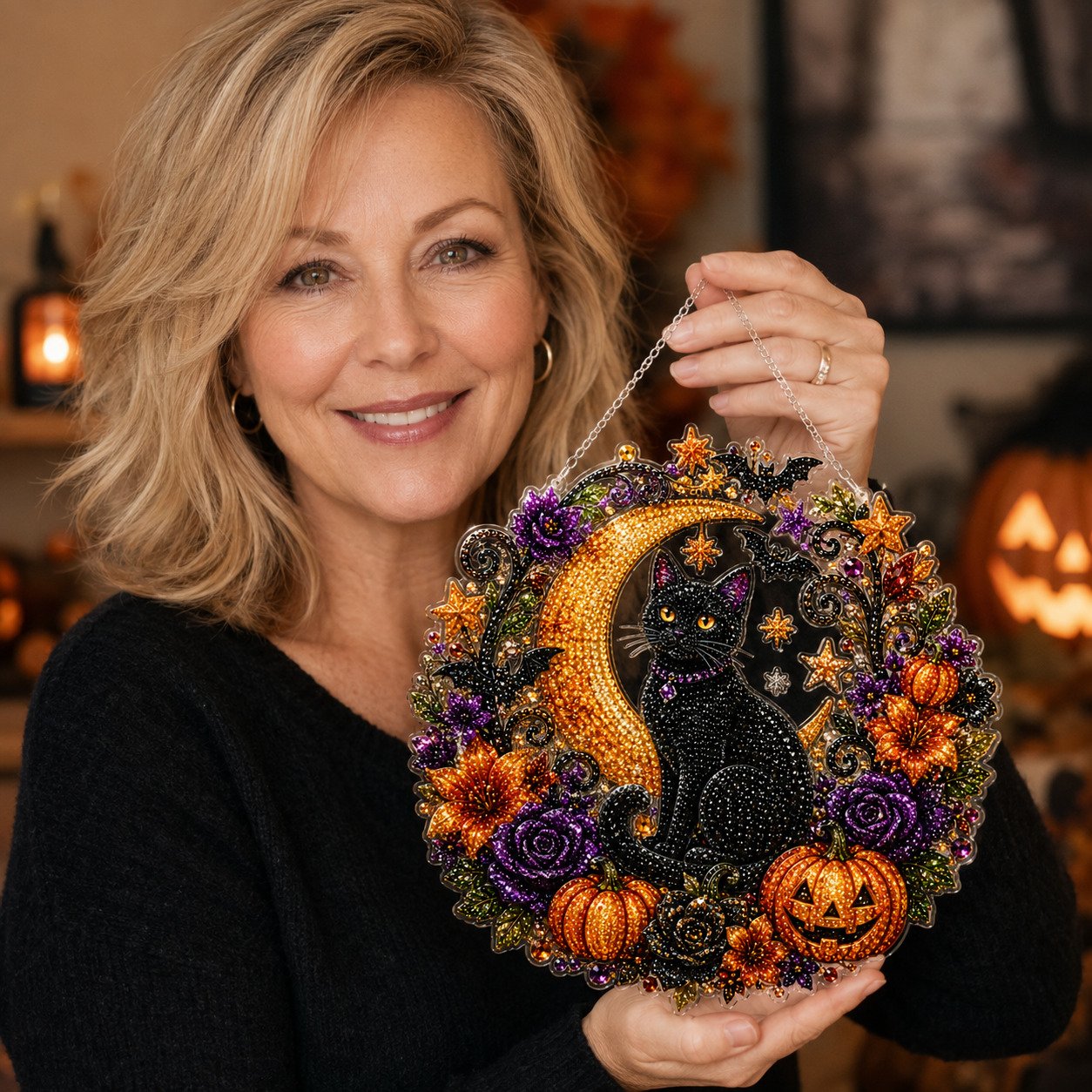 🐈🎃Halloween Black Cat Moon Diamond Art Hanging Ornament – DIY Sparkling Décor Kit