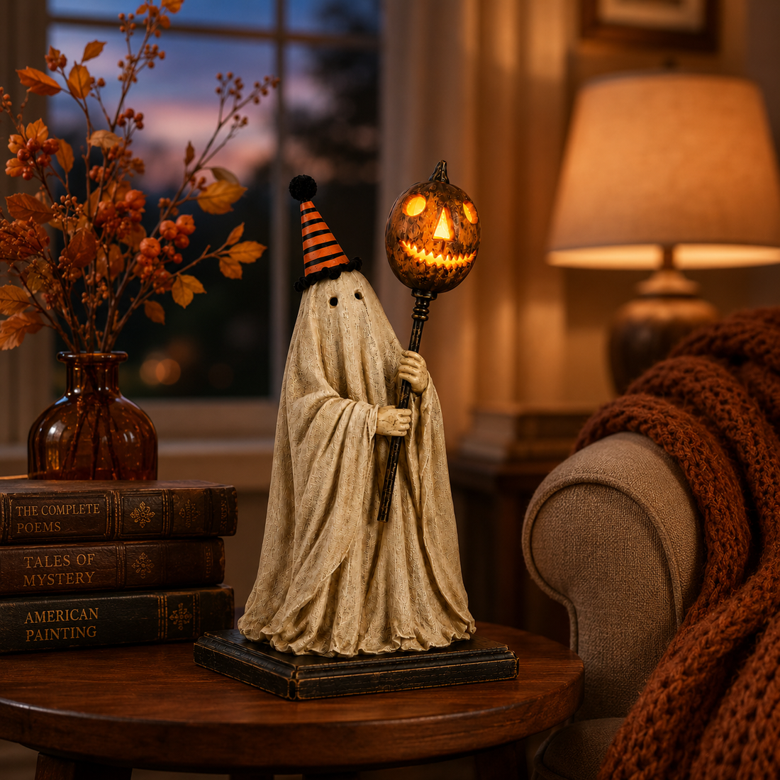 Lighted vintage ghost figurine with glowing pumpkin staff
