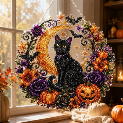 Black Cat Moon Diamond Art Hanging Ornament Kit – Relaxing DIY Halloween Craft 🎃💎