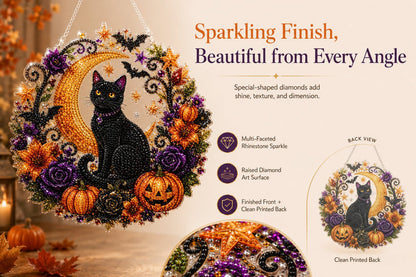 Black Cat Moon Diamond Art Hanging Ornament Kit – Relaxing DIY Halloween Craft 🎃💎