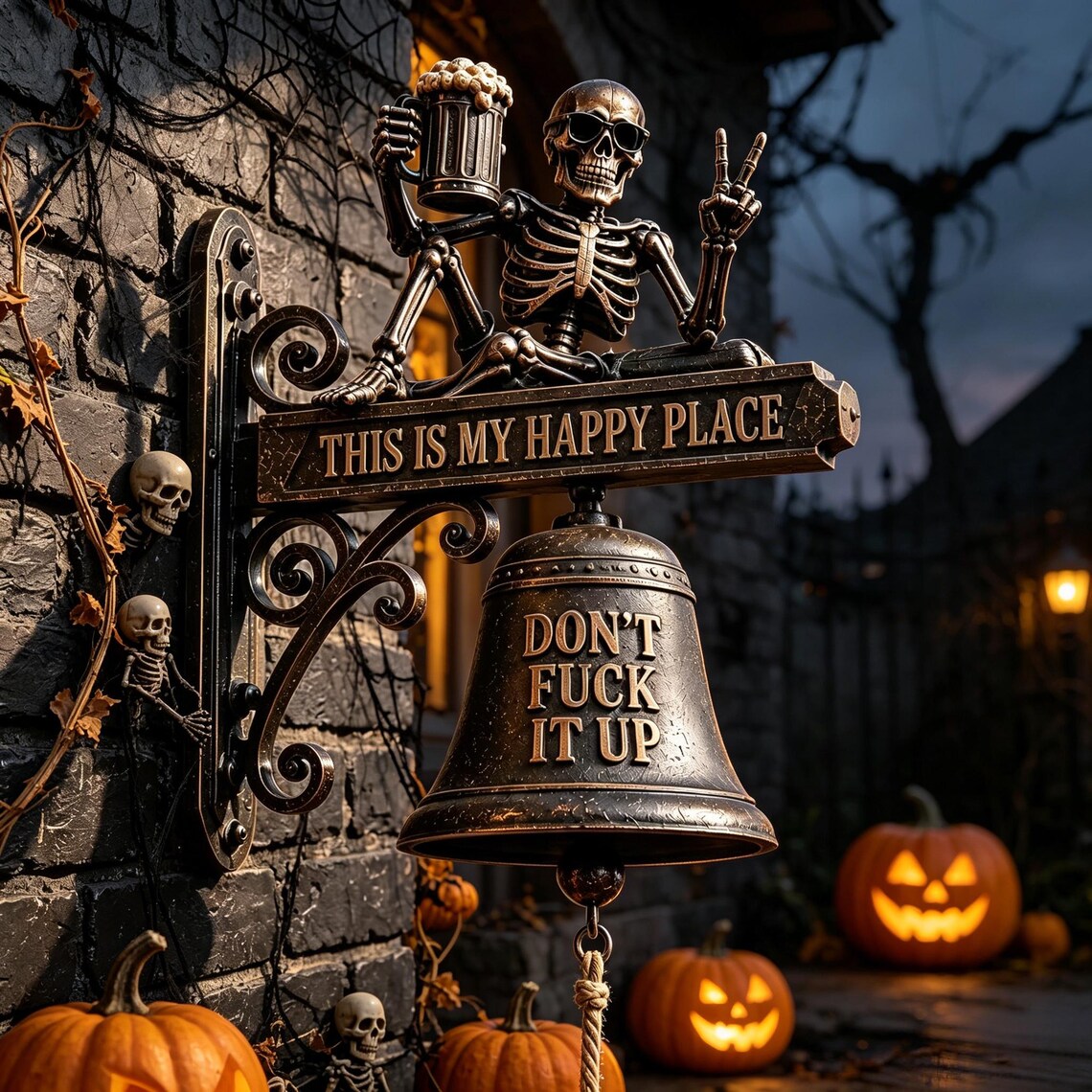 💀 Skeleton “This Is My Happy Place” Wall Bell