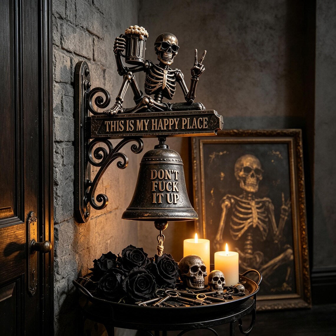 💀 Skeleton “This Is My Happy Place” Wall Bell