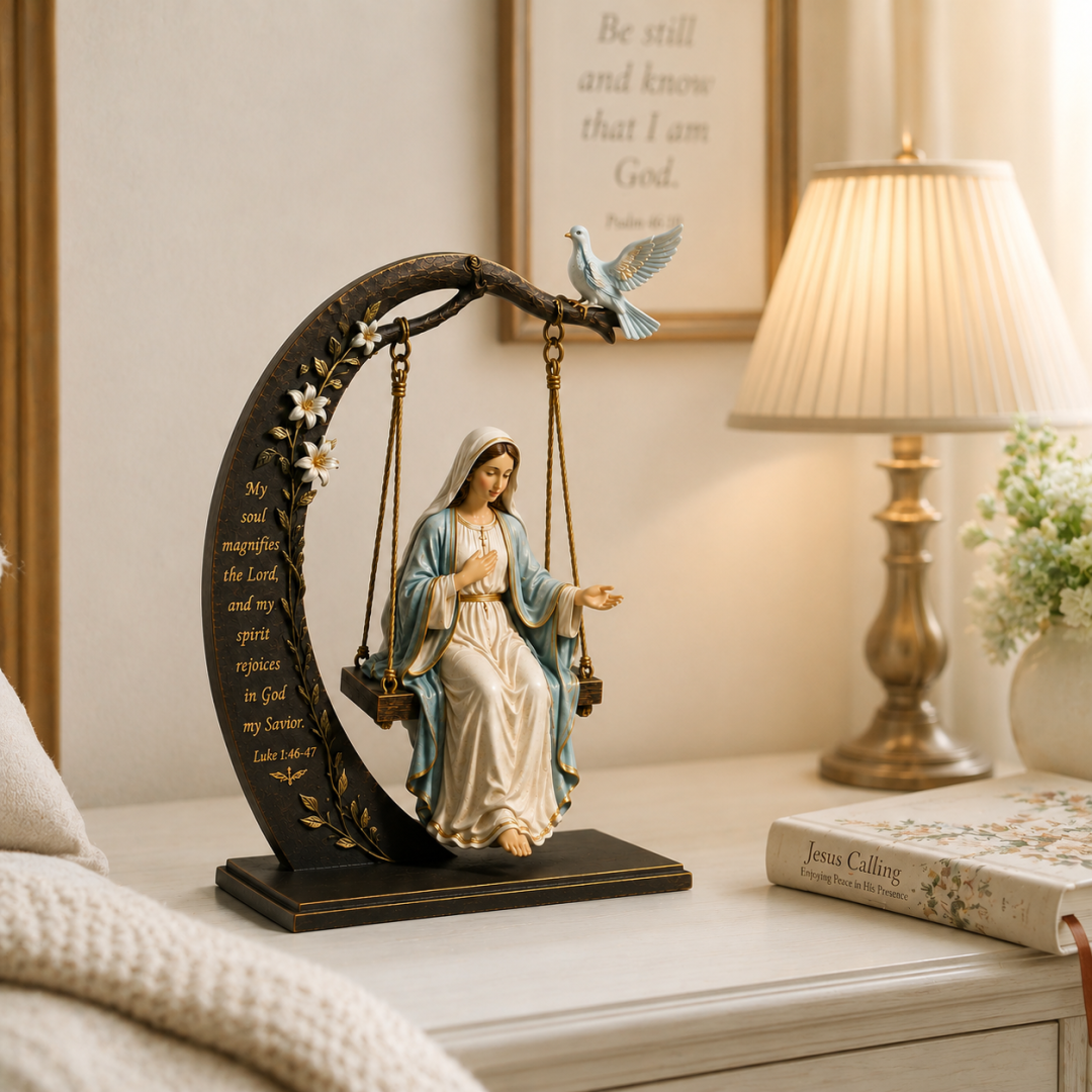 🌙 Virgin Mary Swing Sculpture – A Moment of Sacred Stillness