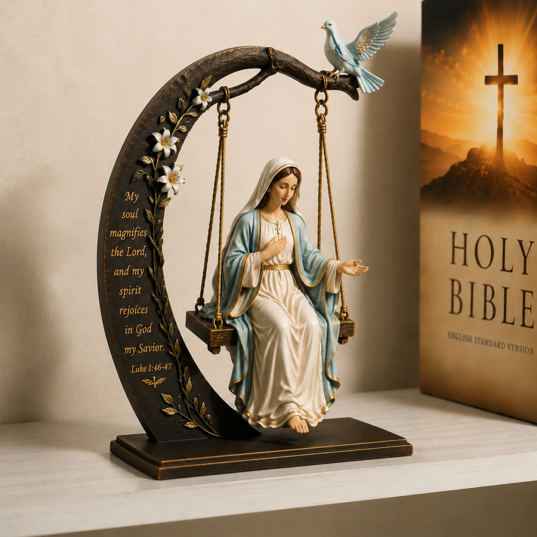 🌙 Virgin Mary Swing Sculpture – A Moment of Sacred Stillness
