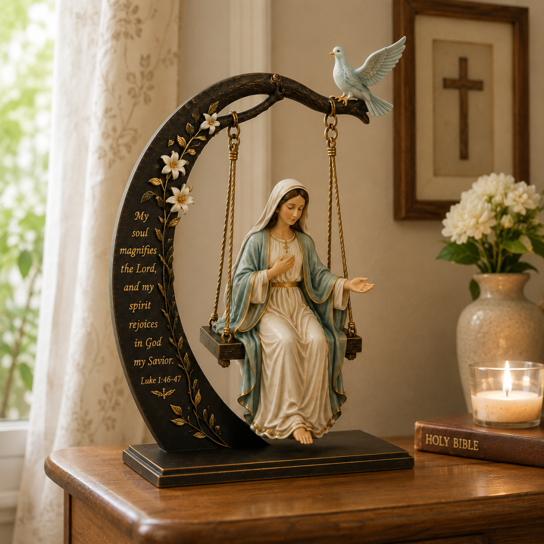 🌙 Virgin Mary Swing Sculpture – A Moment of Sacred Stillness