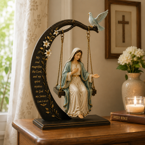 🌙 Virgin Mary Swing Sculpture – A Moment of Sacred Stillness