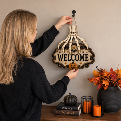 Halloween Skeleton Hand Welcome Hanging Sign