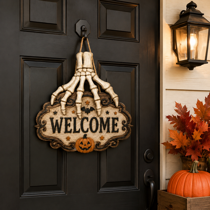 Halloween Skeleton Hand Welcome Hanging Sign