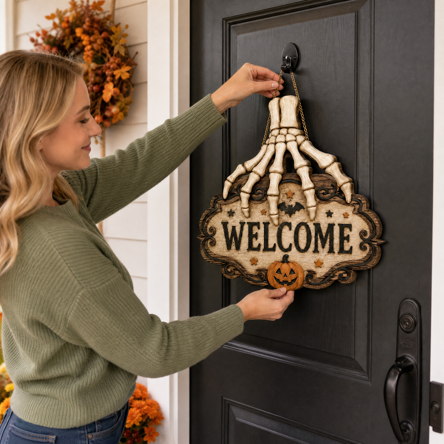 Halloween Skeleton Hand Welcome Hanging Sign