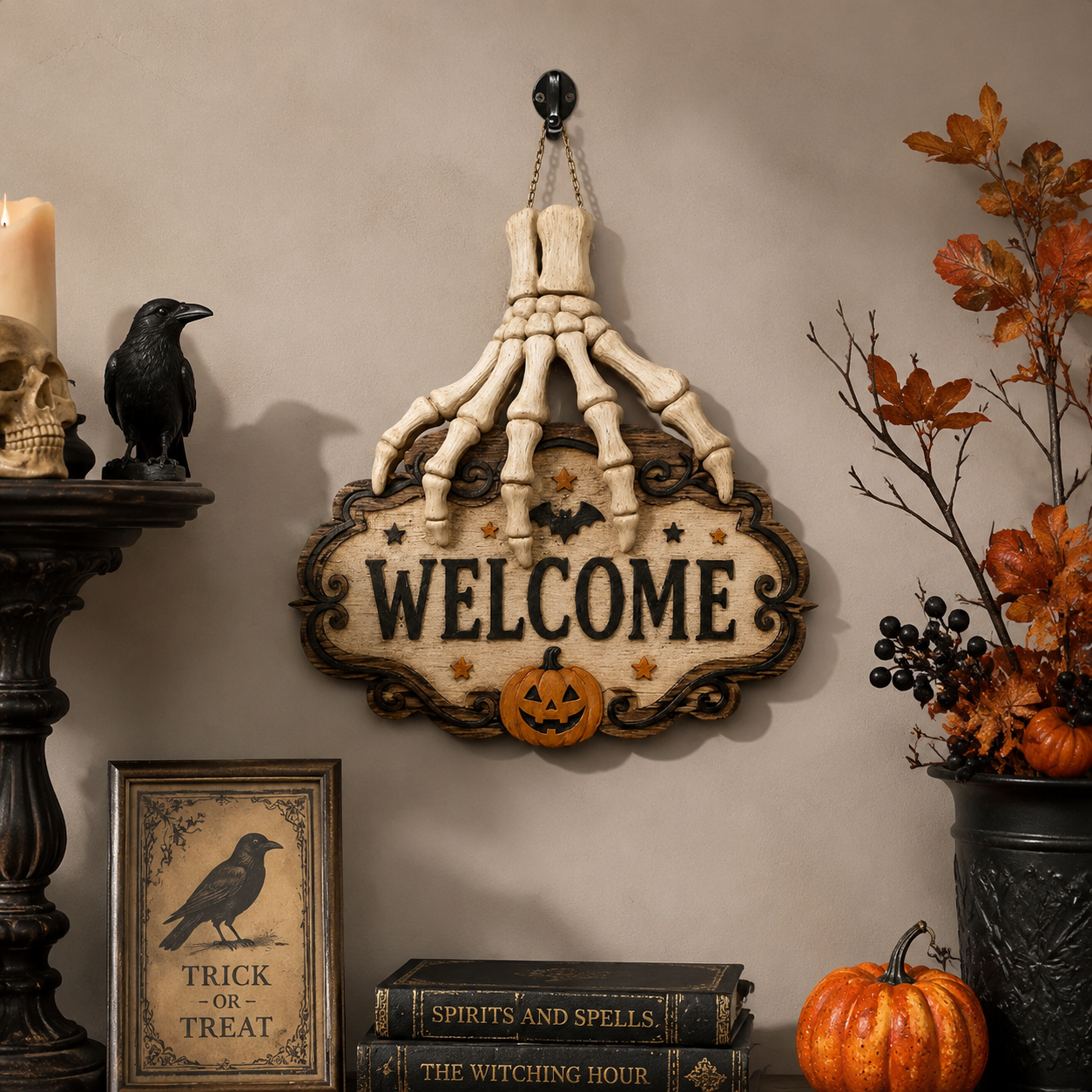 Halloween Skeleton Hand Welcome Hanging Sign
