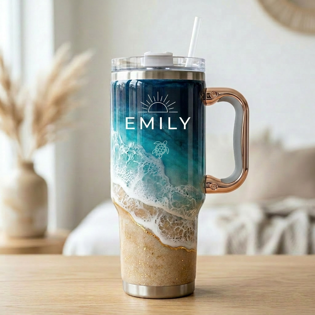 Personalized Coastal Oasis Tumbler with Rose Gold Handle