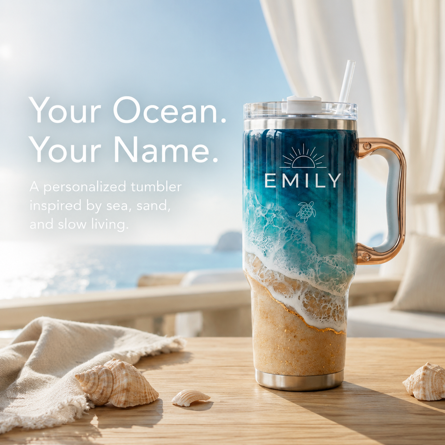 Personalized Coastal Oasis Tumbler with Rose Gold Handle