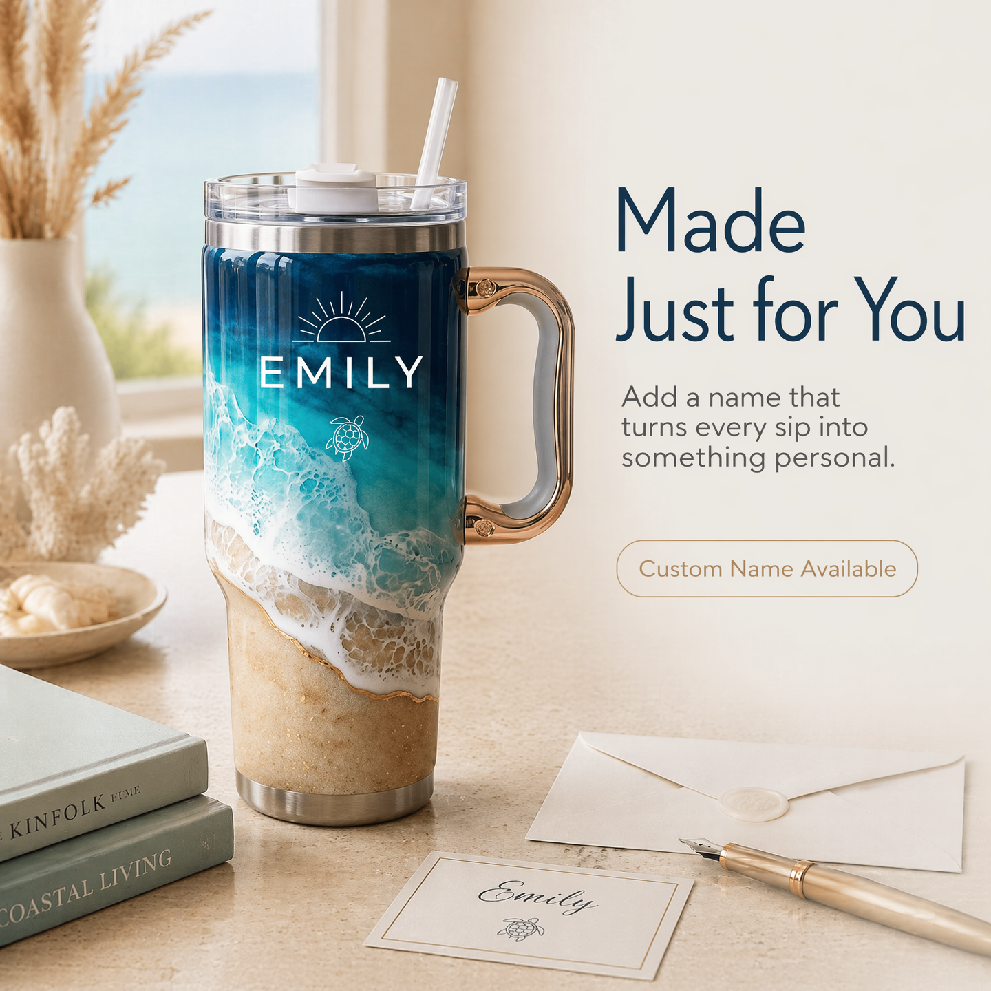 Personalized Coastal Oasis Tumbler with Rose Gold Handle